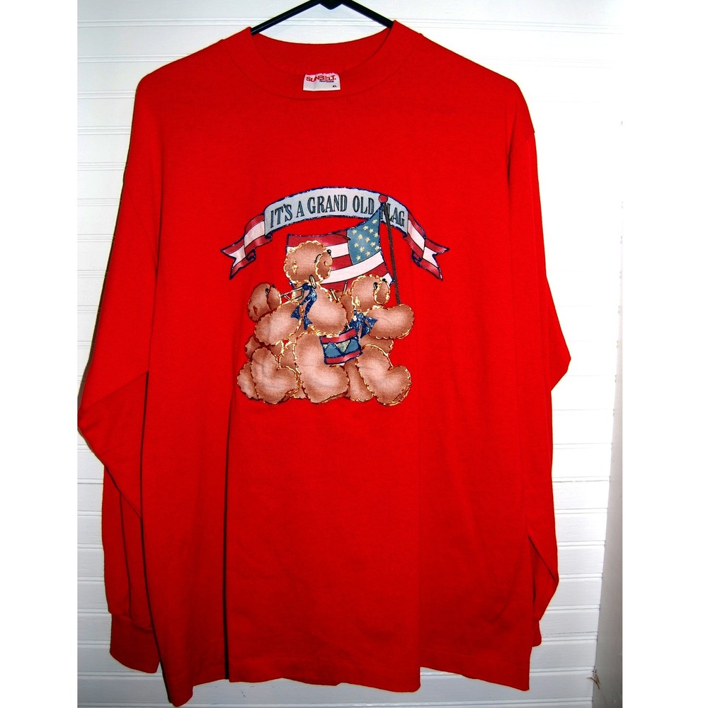 Vintage Americana tshirt XL Red Single-stitch Sunbelt long-sleeve tee Puff Paint